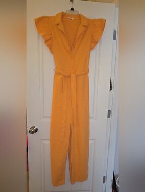 Light Orange Flutter-Sleeve Linen Belted Jumpsuit Size Large